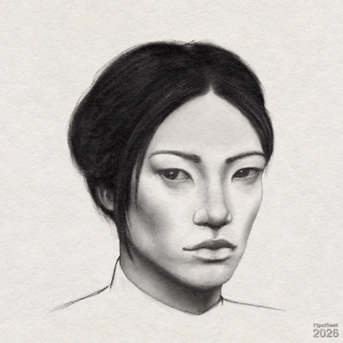 Day 955 Digital graphite portrait of a woman with straight, dark hair styled in an updo. She has light skin, an oval face, and prominent cheekbones with soft shading that emphasises her jawline. Her dark eyes have subtle lids and sit beneath dark, defined brows. Her nose is straight with gentle shading along the bridge and sides. Her closed mouth has full, slightly downturned lips, giving a serious expression. Her slender neck is shaded to suggest soft shadows under the jaw. Clothing drawn with minimal detail. Watermarked: 73pctGeek 2026.