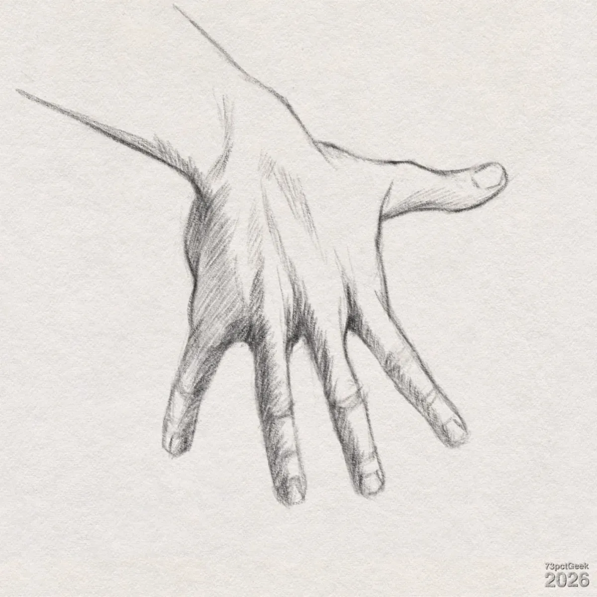 Day 956 Digital graphite sketch of an outstretched human hand. The hand is seen from the back, with the wrist coming in from the upper left and the fingers splayed downward and slightly to the right. The thumb points rightwards, almost horizontal, with a lightly outlined thumbnail. The four fingers extend downward at different angles, with visible joints indicated by short, curved lines and darker shading at the knuckles. Soft hatching and cross‑hatching strokes create form and shading along the back of the hand, especially around the knuckles and between the fingers. Watermarked: 73pctGeek 2026.