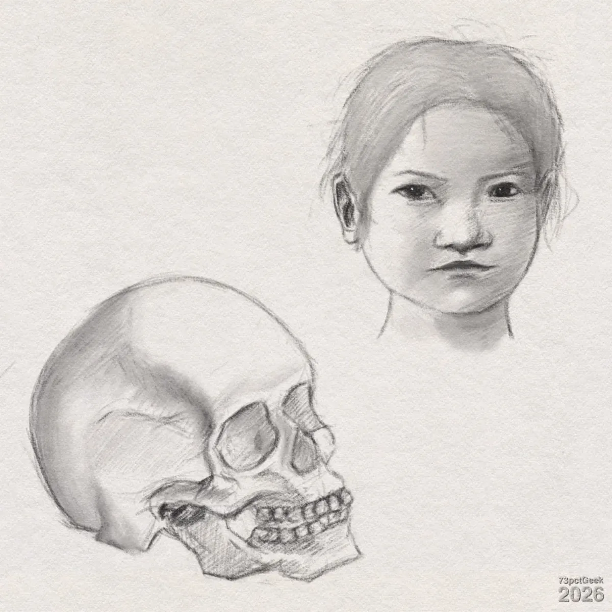 Day 957 Digital graphite sketches of a young child’s head and a human skull. Right: a round-faced girl with light skin, full cheeks, and a neutral, slightly serious expression. Her eyes are dark and gaze straight ahead, and she has a small, straight nose. Her lips are closed with a subtle downturn at the corners. Her ears are visible and are lightly detailed. Her hair is loosely pulled back with wisps around the face. Left: side view of a human skull facing right. The top of the skull is smooth and rounded, with shading to suggest curvature. The eye socket and nose opening are hollow and dark. The upper and lower jaws are both present, and teeth are indicated. Shading around the cheekbone, jawline, and back of the skull gives it form. Watermarked: 73pctGeek 2026.