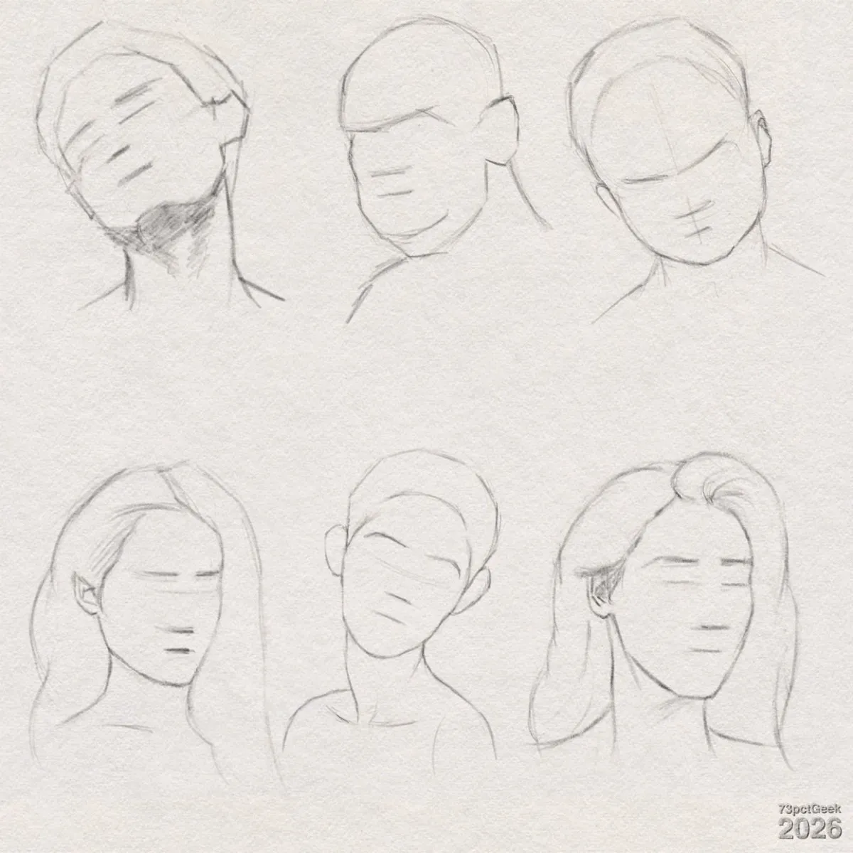 Day 958 Six lightly sketched lay-ins of human heads in digital graphite arranged in two rows. Watermarked: 73pctGeek 2026.