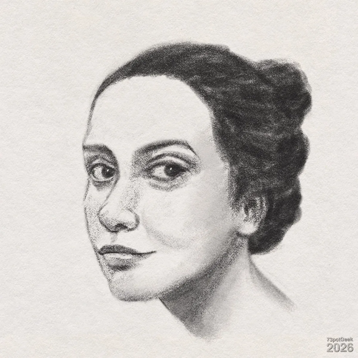 Day 959 Quick digital graphite sketch of a woman’s head and upper neck. She is shown from the shoulders up, turned slightly to the left while her eyes glance towards the viewer. She has light skin, full dark brows, and large, dark eyes. Her nose is straight, and her lips are closed and slightly curved into a faint, confident smile, with darker shading on the upper lip. Her dark hair is pulled back into a large, voluminous bun, with pencil strokes suggesting waves and texture. Shading is concentrated along the right side of the face, under the cheekbone, and around the neck, creating a three-dimensional effect while the left side is lighter. Watermarked: 73pctGeek 2026.