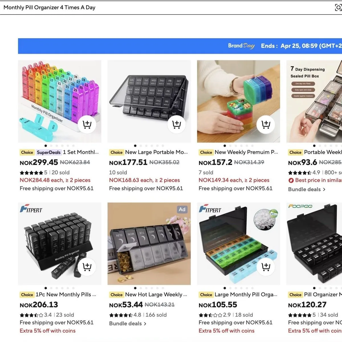 Screenshot of an shopping results page from AliExpress with the search term “Monthly Pill Organizer 4 Times A Day”. A variety of products fitting the search terms are shown.