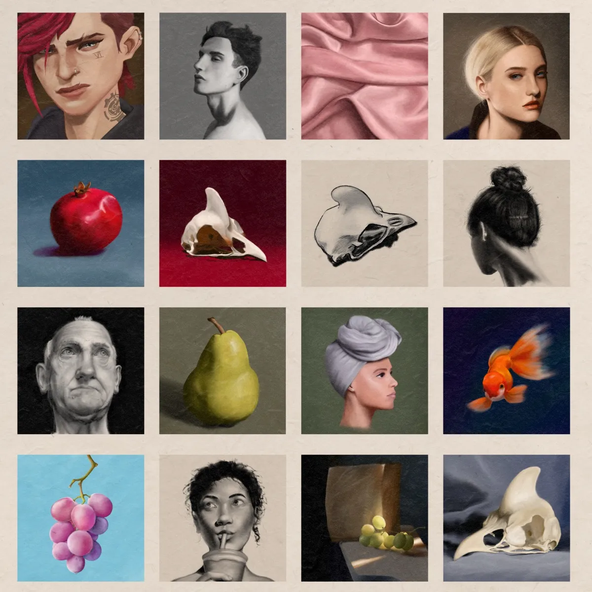 Grid of sixteen digital paintings  Top row:  Vi from Arcane, a greyscale side profile portrait of a young man, pink folded silky fabric, a blonde woman looking pensively at the viewer.  Second row:  A red pomegranate on a blue background, a small crested birds skull on a deep red surface, a black-and-white sketch of a skull, a charcoal drawing of woman with dark hair in a neat bun, shown from behind.  Third row:  Charcoal portrait of an old man against a dark background, a green pear with a shadow, a woman in profile wearing a head wrap, a bright orange and white goldfish swimming on a dark blue background.  Bottom row: A bunch of pinky-purple grapes hanging from a stem against a blue background, a charcoal portrait of a woman with curly hair sucking a beverage from a cup, green grapes illuminated by a beam of light against a dark background, a crested bird’s skull against a blue cloth backdrop.