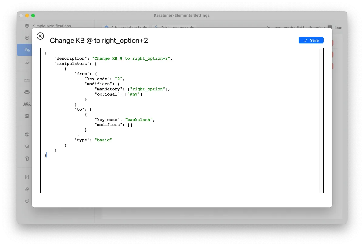 Screenshot from Karabiner-Elements showing the relevant JSON