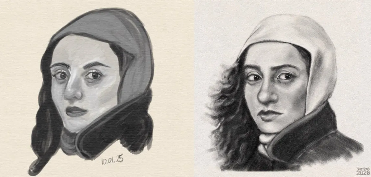 Comparison of two digital portraits of the same woman wearing a headscarf and a dark coat with a turned up collar. She is glancing to the left, and looks somewhat serious. One side of her dark, wavy hair spills out from under the scarf. The left side is rendered in digital gouache, and is dated 10.01.25. The right side is sketched in digital graphite, and watermarked 73pctGeek 2026.