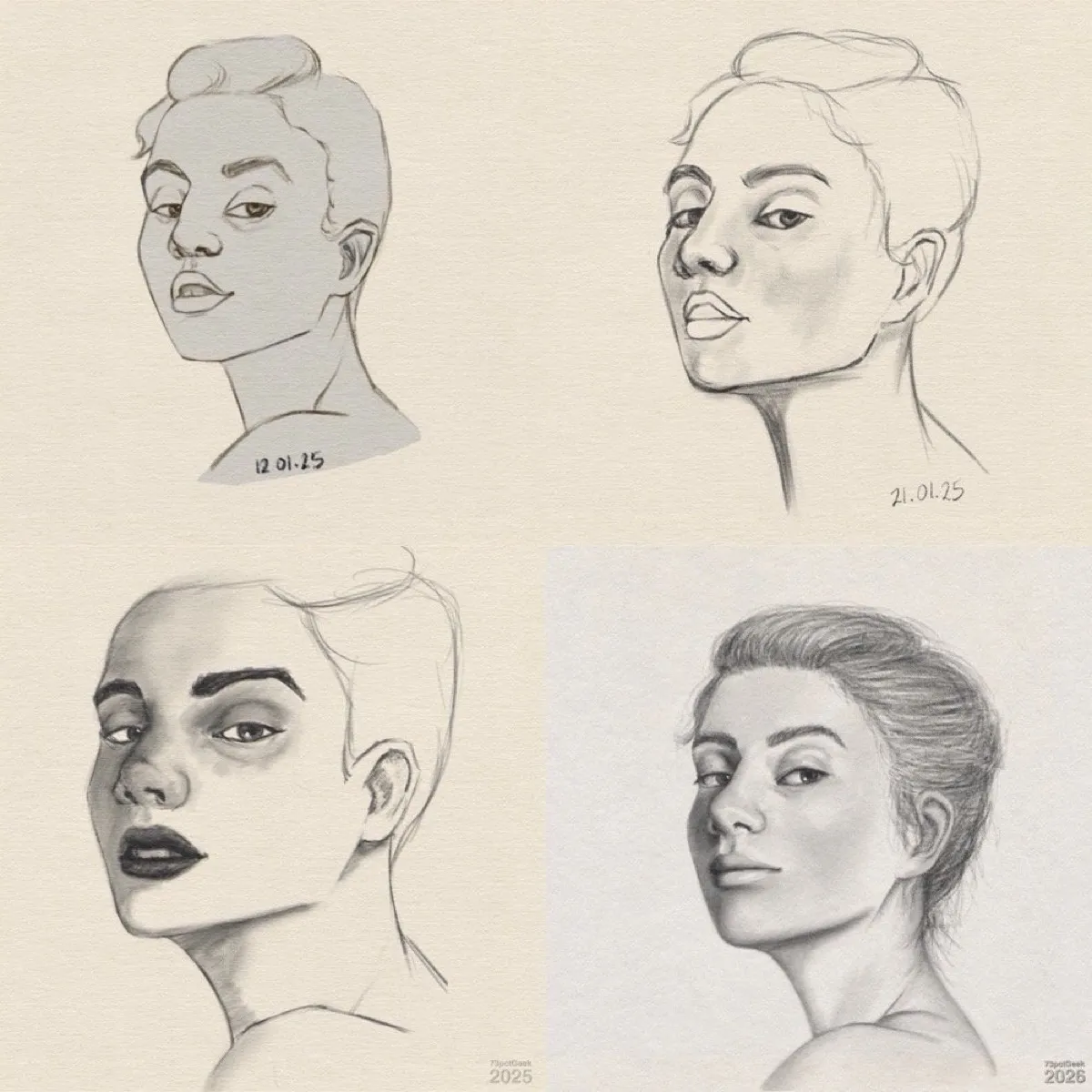 4 portrait drawings of the same woman’s head and neck, all in 3/4 view, showing artistic progress over time. Top left: A simple line drawing, jawline is angular, ear simplified, no shading, just flat outlines. Top right: A more refined version, with more proportionate facial features, ear and jaw are better defined, and light shading is added to suggest depth. Hair is still suggested with simple lines. Bottom left: A larger, more detailed drawing. The face is more realistic, and has more shading. The brows are darker and fuller, the lips are shaded, and the cheekbones and jaw have smoother gradients. The back of the head and hair are lightly sketched. Bottom right: A more realistic graphite portrait of the same woman. The hair is fully rendered, tied or swept back with many fine strands. The skin has smooth shading with detailed highlights and shadows on the forehead, nose, cheeks, chin, and neck. The ear and neck muscles are clearly defined.