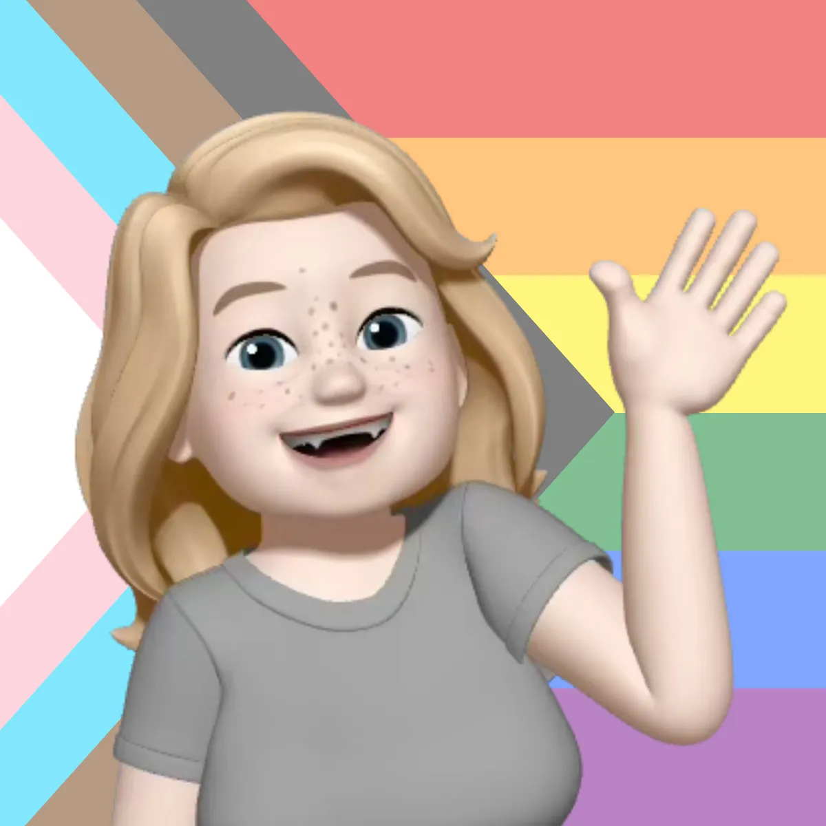 Memoji 3D avatar of a smiling woman with light skin and freckles, long, wavy blonde hair, and blue eyes, raising her left hand in a wave. She’s wearing a plain gray t-shirt, and is in front of a Progress Pride flag background.
