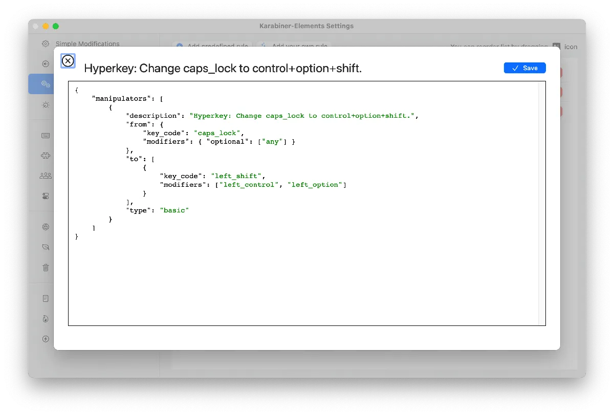 Screenshot from Karabiner-Elements showing the relevant JSON