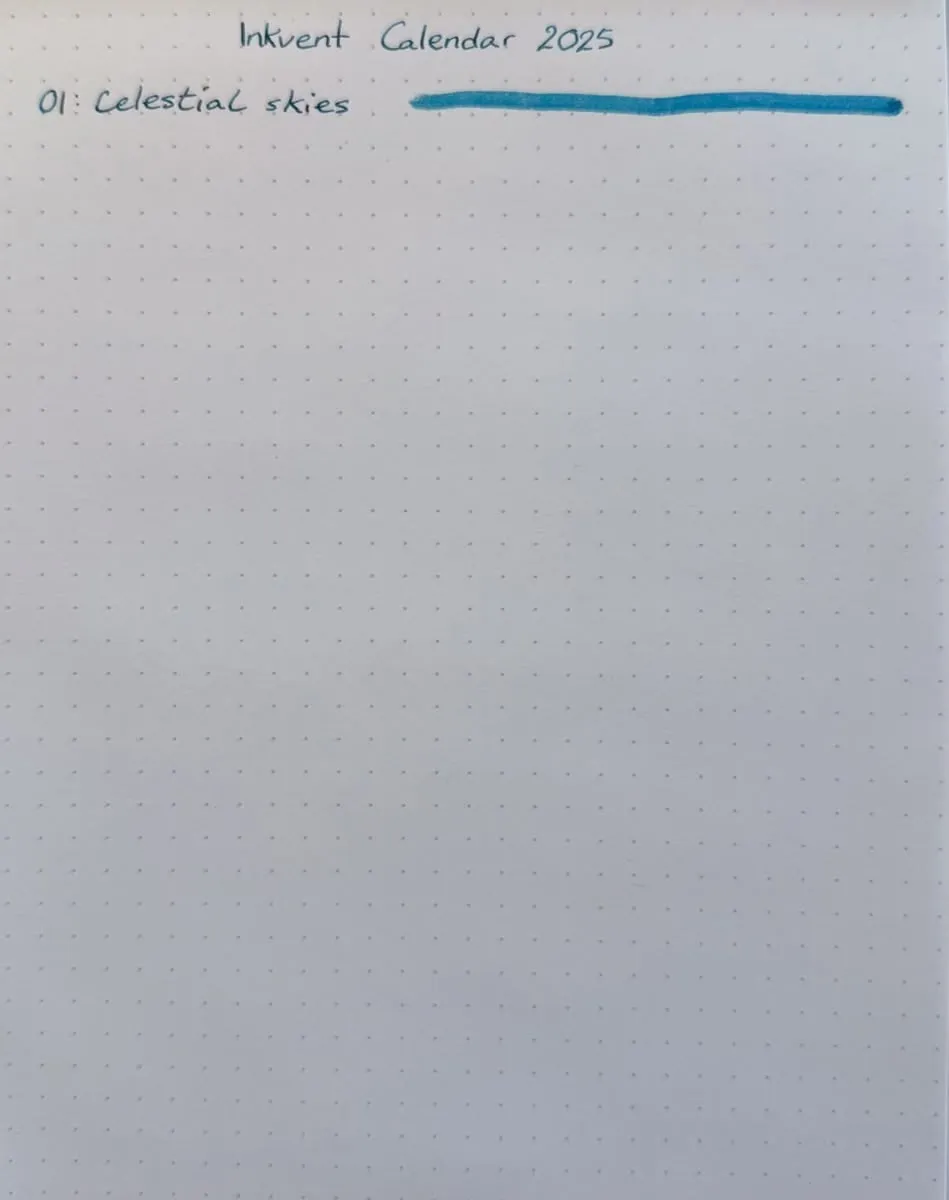 A Rhodia dotted notebook page with a handwritten, numbered list. Each list item features the name of an ink, followed by a horizontal line showing the colour of the ink. The rest of the dotted paper is blank. The page is titled 