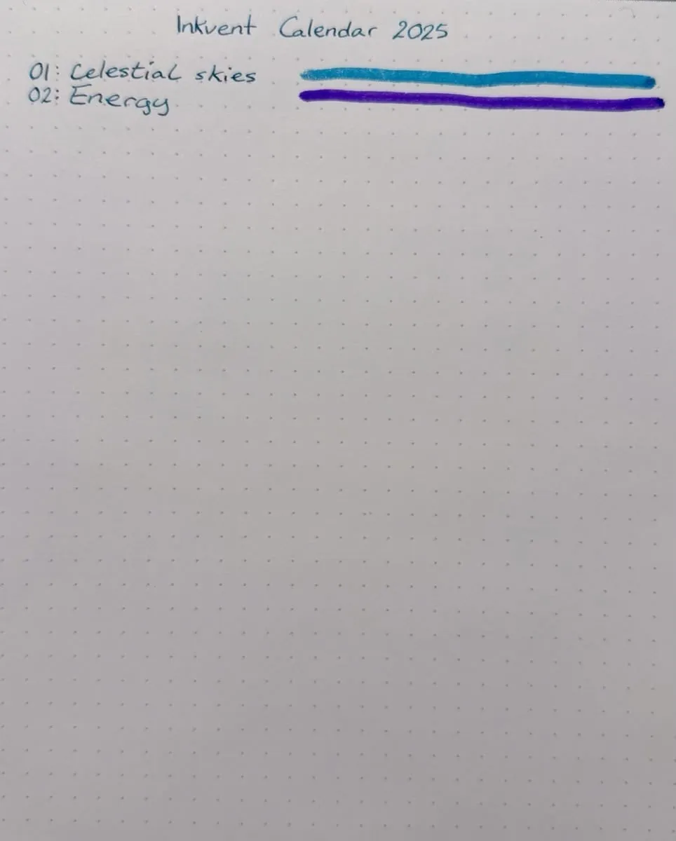 A Rhodia dotted notebook page with a handwritten, numbered list. Each list item features the name of an ink, followed by a horizontal line showing the colour of the ink. The rest of the dotted paper is blank. The page is titled 