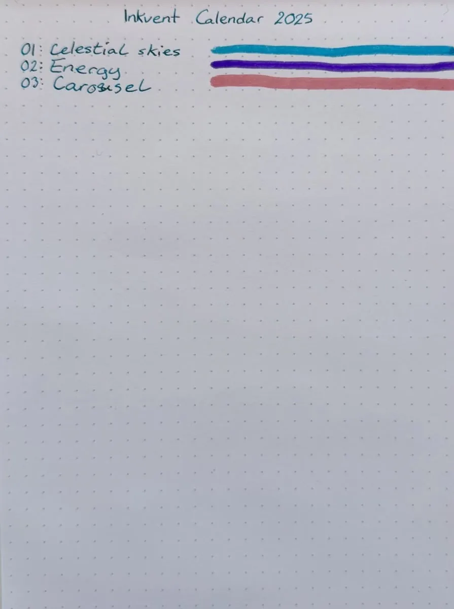 A Rhodia dotted notebook page with a handwritten, numbered list. Each list item features the name of an ink, followed by a horizontal line showing the colour of the ink. The rest of the dotted paper is blank. The page is titled 