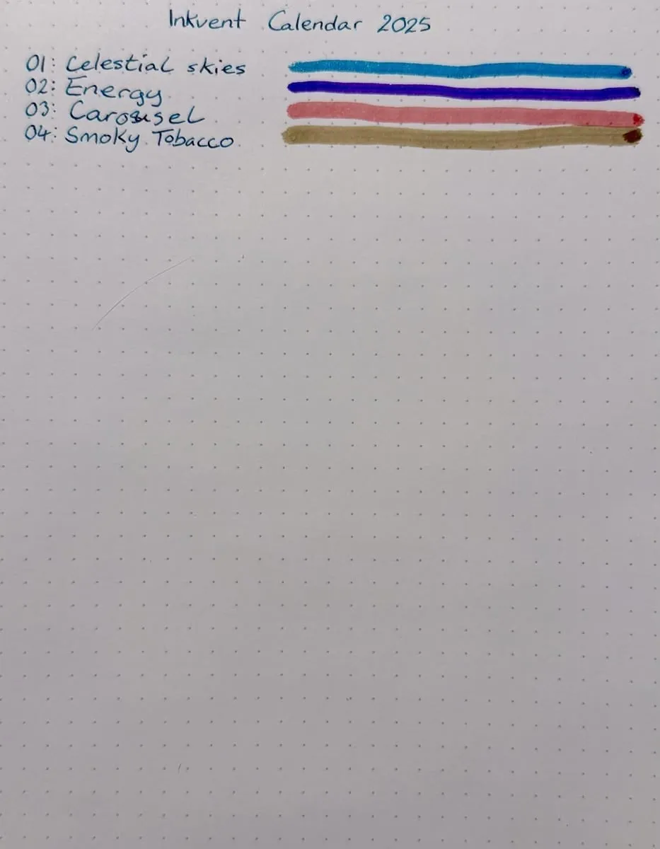 A Rhodia dotted notebook page with a handwritten, numbered list. Each list item features the name of an ink, followed by a horizontal line showing the colour of the ink. The rest of the dotted paper is blank. The page is titled "Inkvent Calendar 2025". 01: Celestial skies — a silver speckled sky-blue line. 02: Energy — a purple line. 03: Carousel — a soft salmon pink line. 04: Smoky Tobacco — a dun line