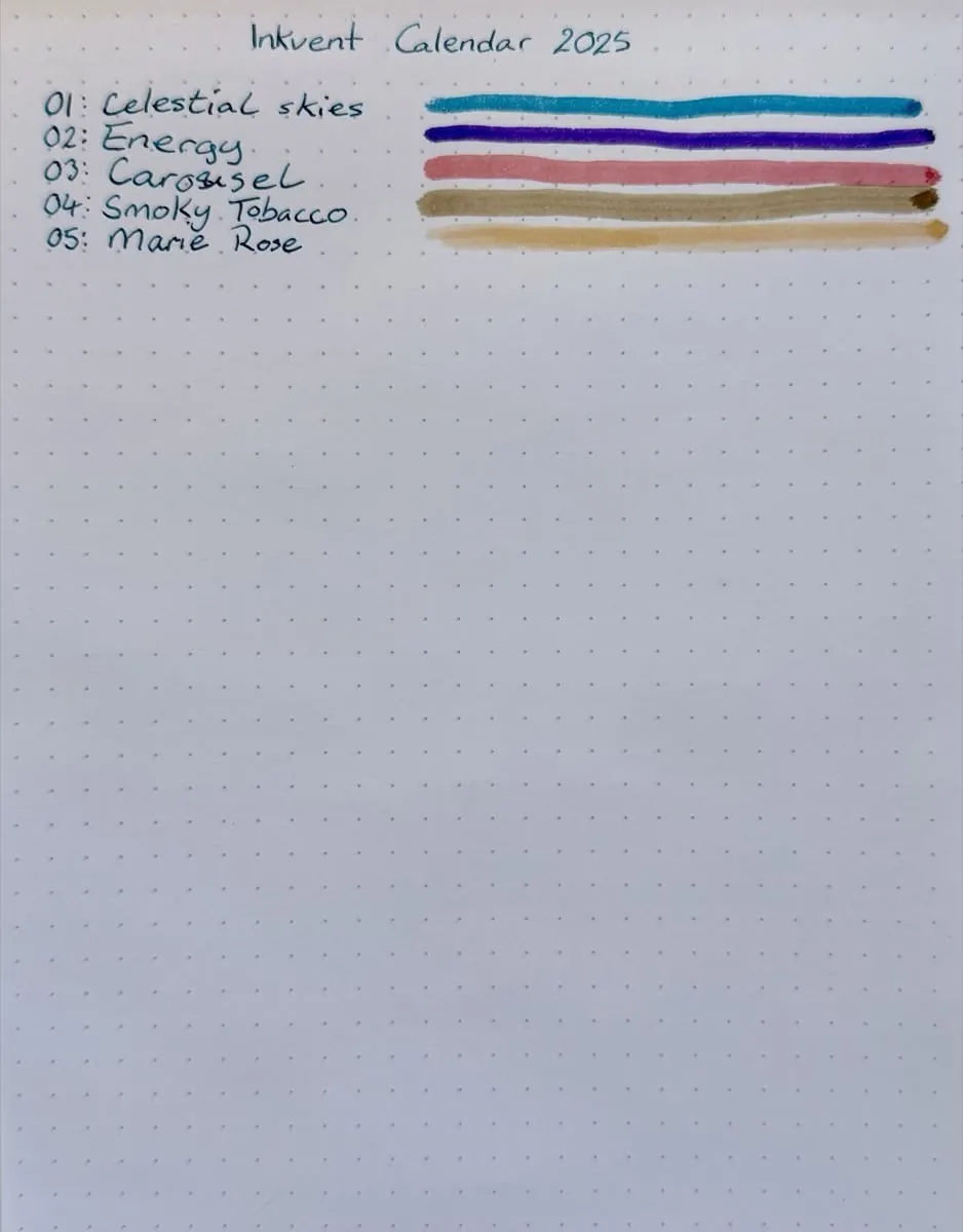 A Rhodia dotted notebook page with a handwritten, numbered list of inks.