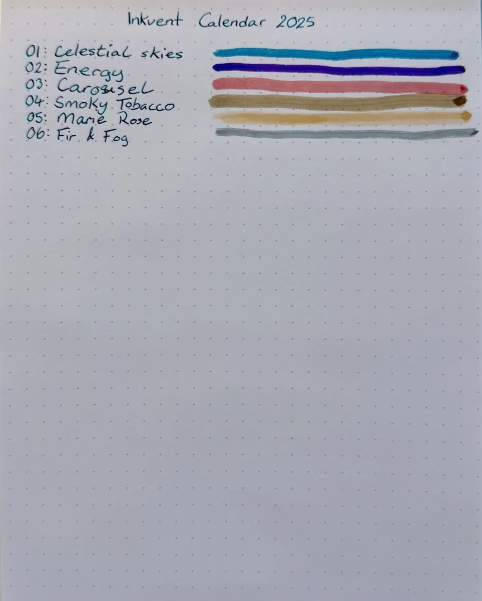 A Rhodia dotted notebook page with a handwritten, numbered list of inks.