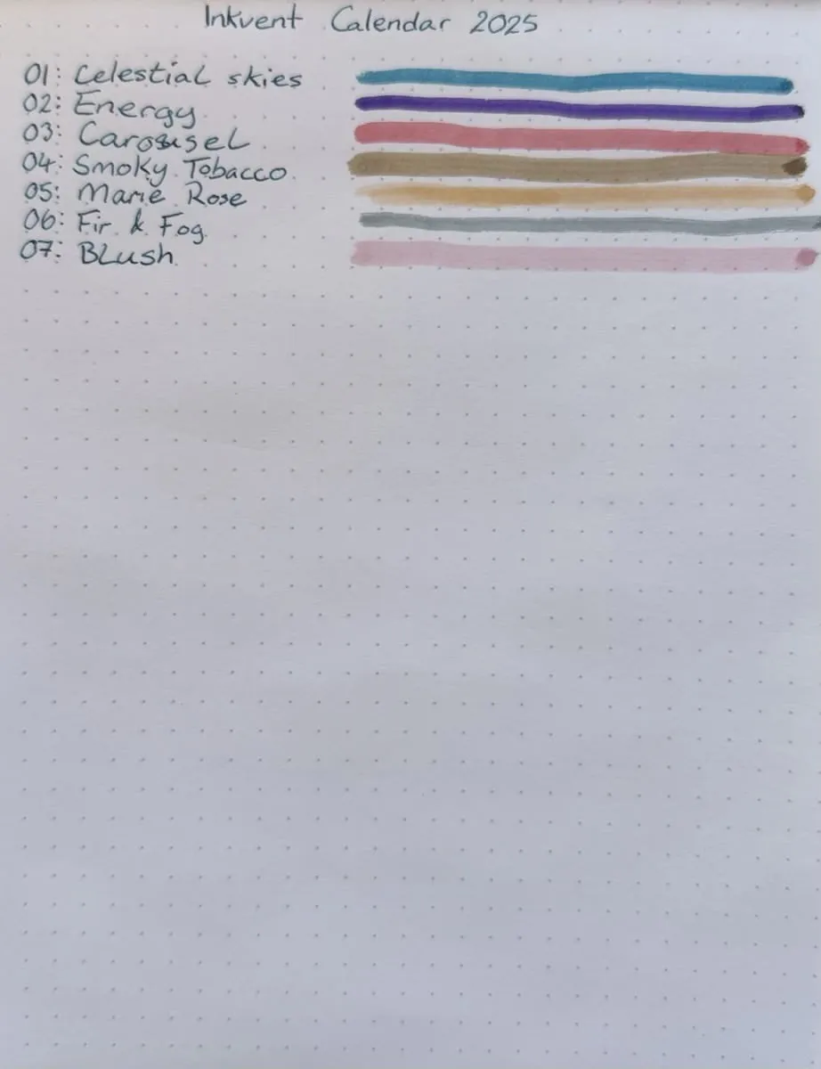 A Rhodia dotted notebook page with a handwritten, numbered list of inks.
