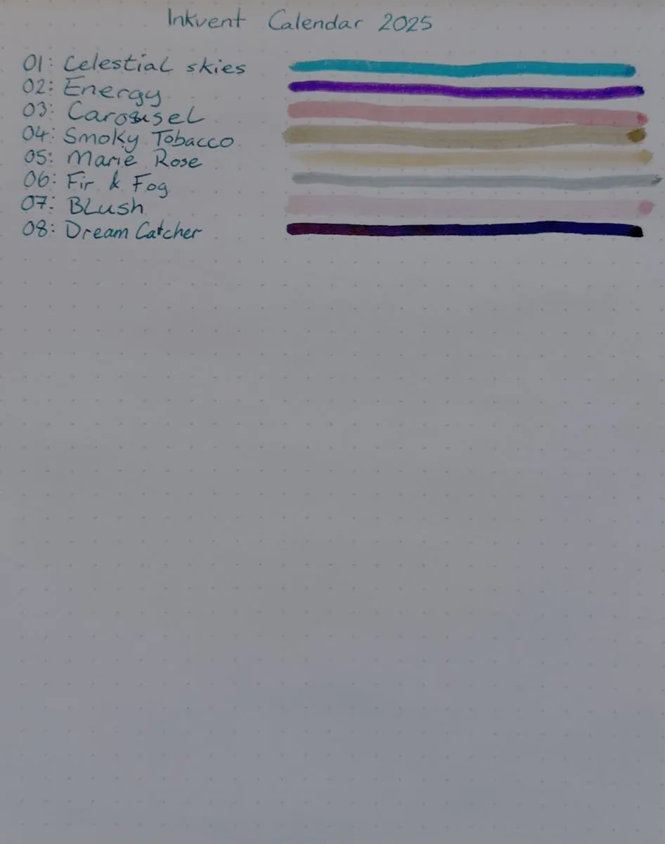 A Rhodia dotted notebook page with a handwritten, numbered list of inks.