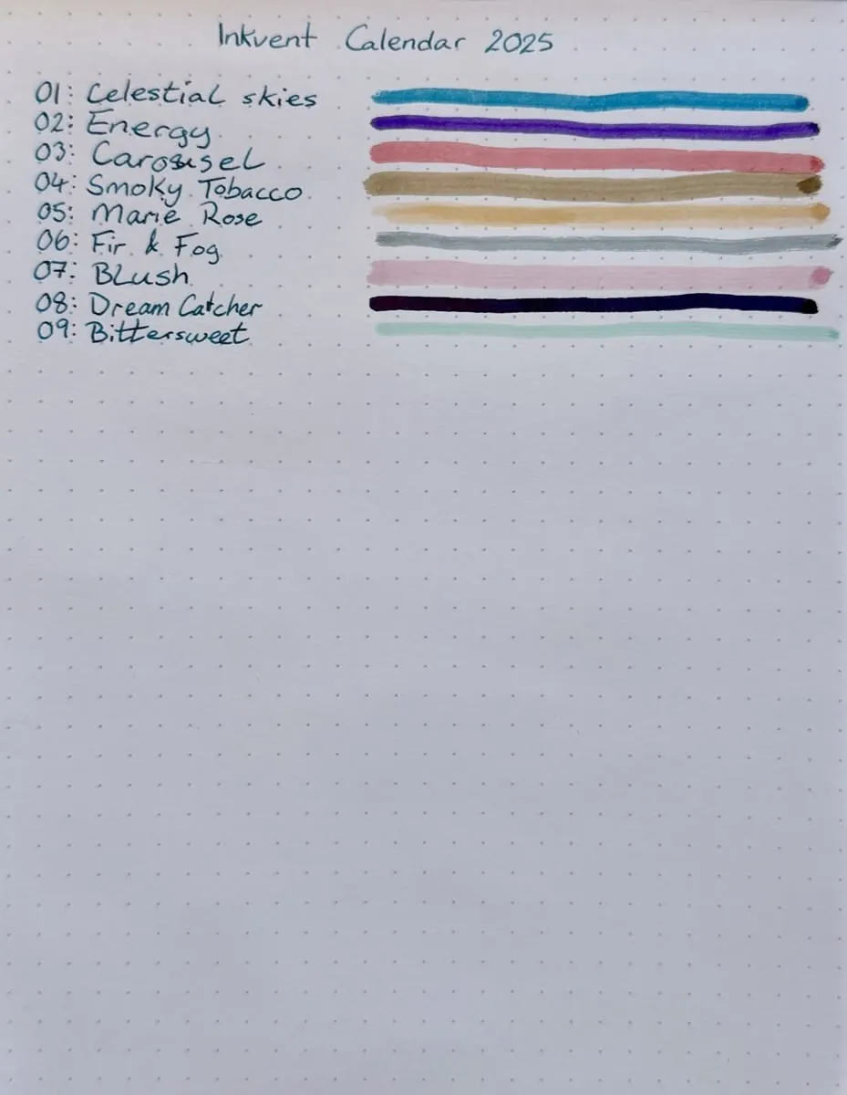 A Rhodia dotted notebook page with a handwritten, numbered list of inks.