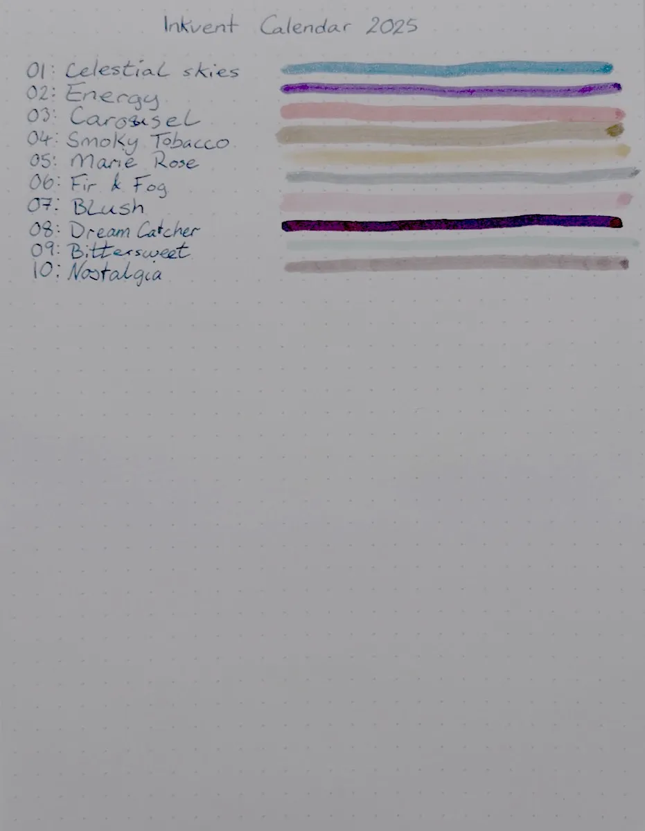 A Rhodia dotted notebook page with a handwritten, numbered list of inks.