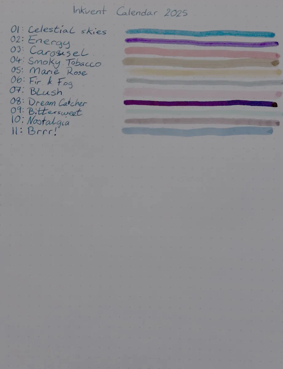 A Rhodia dotted notebook page with a handwritten, numbered list of inks.