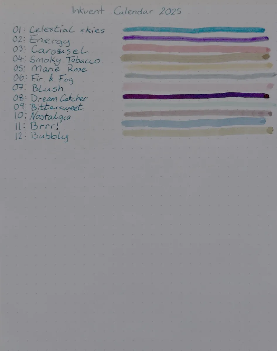 A Rhodia dotted notebook page with a handwritten, numbered list of inks.