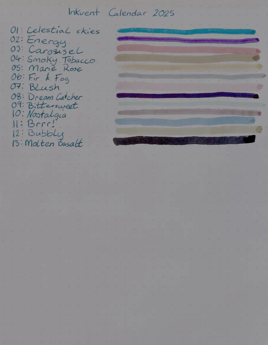 A Rhodia dotted notebook page with a handwritten, numbered list of inks.