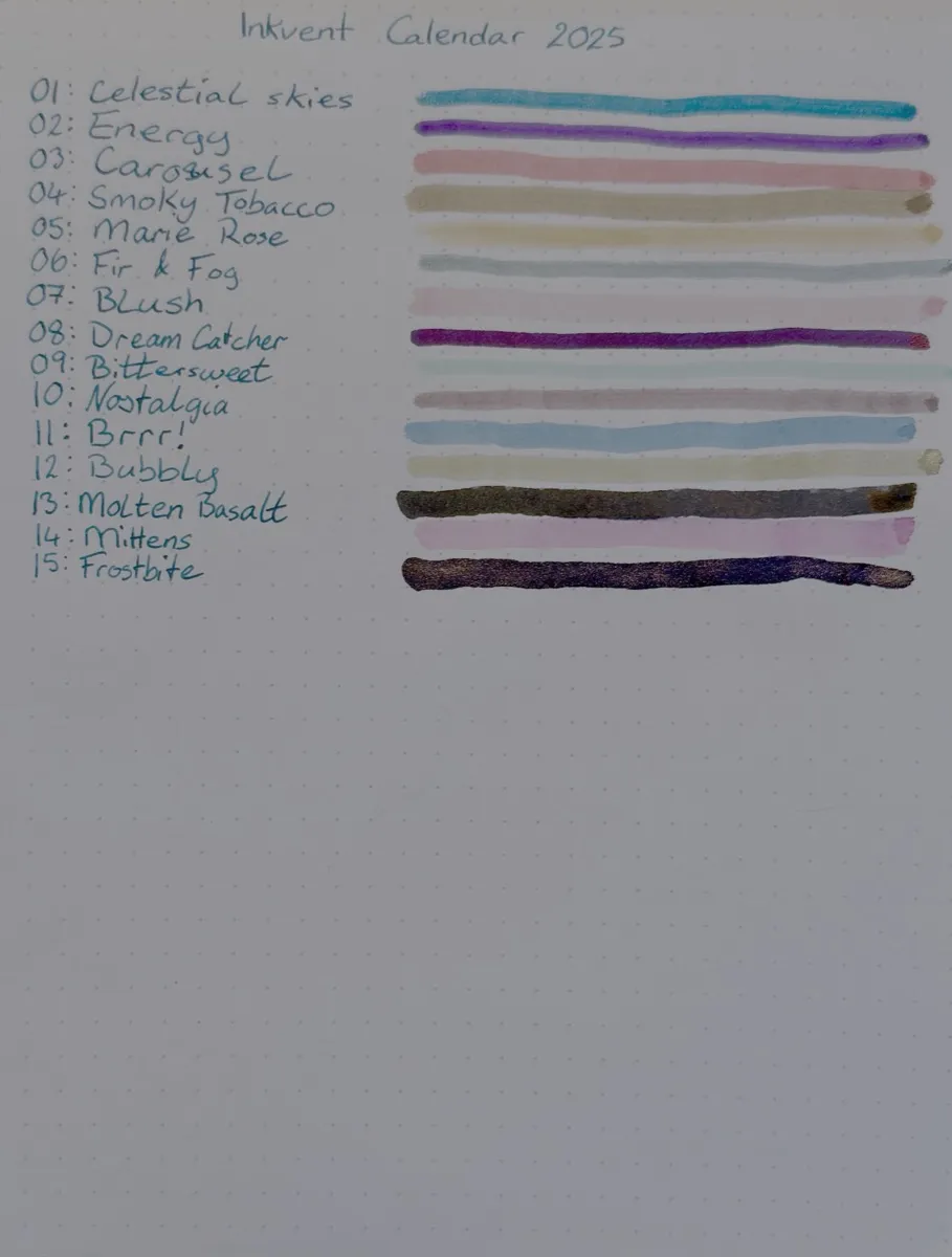 A Rhodia dotted notebook page with a handwritten, numbered list of inks.