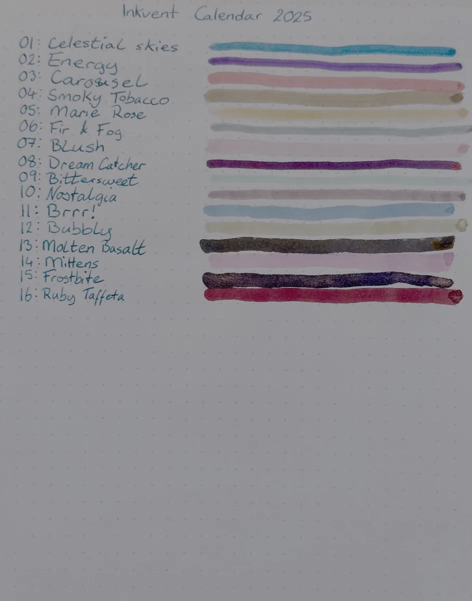 A Rhodia dotted notebook page with a handwritten, numbered list of inks.