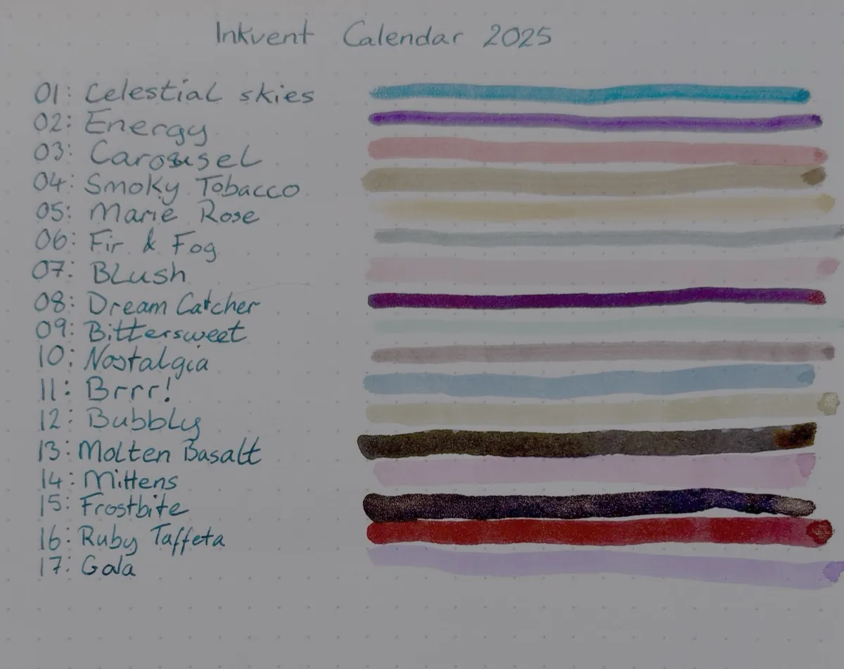 A Rhodia dotted notebook page with a handwritten, numbered list. Each list item features the name of an ink, followed by a horizontal line showing the colour of the ink. The rest of the dotted paper is blank. The page is titled "Inkvent Calendar 2025" 01: Celestial skies — a silver speckled sky-blue line 02: Energy — a purple line 03: Carousel — a soft salmon pink line 04: Smoky Tobacco — a dun line 05: Marie Rose — an orangey goldenrod line 06: Fir & Fog — a faded grey-green with silvery shimmer. 07: Blush — a blush pink line. 08: Dream Catcher — a blue-red-purple line that looks almost black in this photo 09: Bittersweet — a pale mint green line. 10: Nostalgia — a brownish mauve with silvery and reddish shimmer. 11: Brrr! — a light blue with silver and dark blue shimmer. 12: Bubbly — a paler & more golden version of Smoky Tobacco, with a lot of shimmer. 13: Molten Basalt — a dark denim blue line, so dark on this photo it’s hard to see any blue at all. 14: Mittens — a raspberry pink line. 15: Frostbite — a dark blue line with shimmer, looks more dark bronze on this photo. 16: Ruby Taffeta — a deep red line with golden shimmer. 17: Gala — a lilac line.