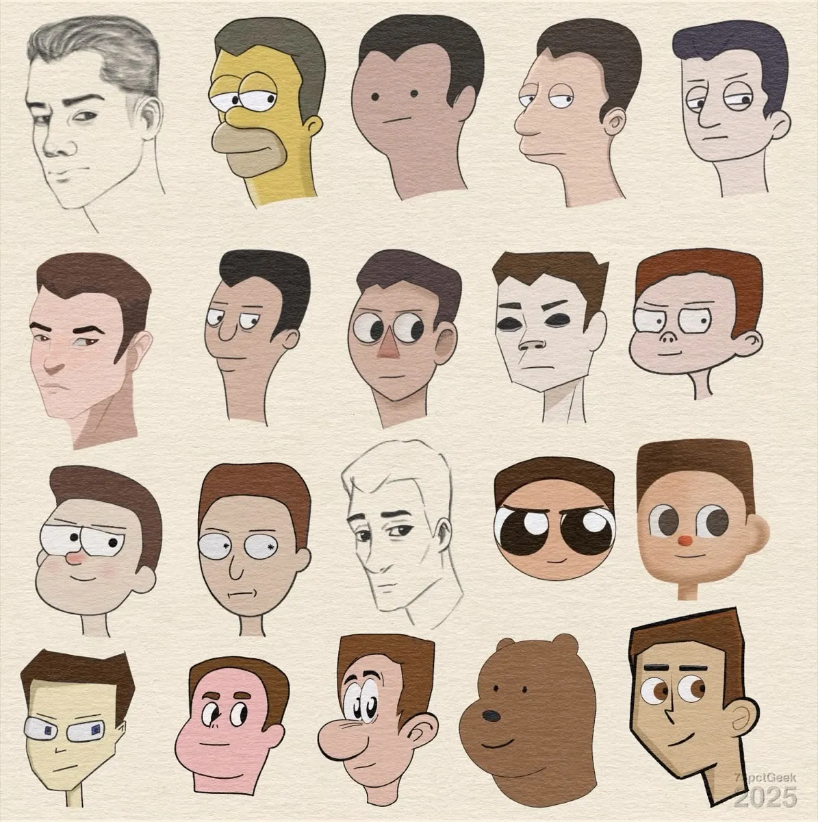 Digital sketch of the same man in different art styles. From left to right: Row 1: My «style», The Simpsons, Adventure Time, Disenchanted, Lower Decks. Row 2: The Dragon Prince, Bob’s Burgers, Over The Garden Wall, Gorillaz, Rugrats. Row 3: Gravity Falls, Rick &amp; Morty, Disney, Powerpuff Girls, Animal Crossing. Row 4: Invader Zim, Steven Universe, Asterix, Bare Bears, Danny Phantom.