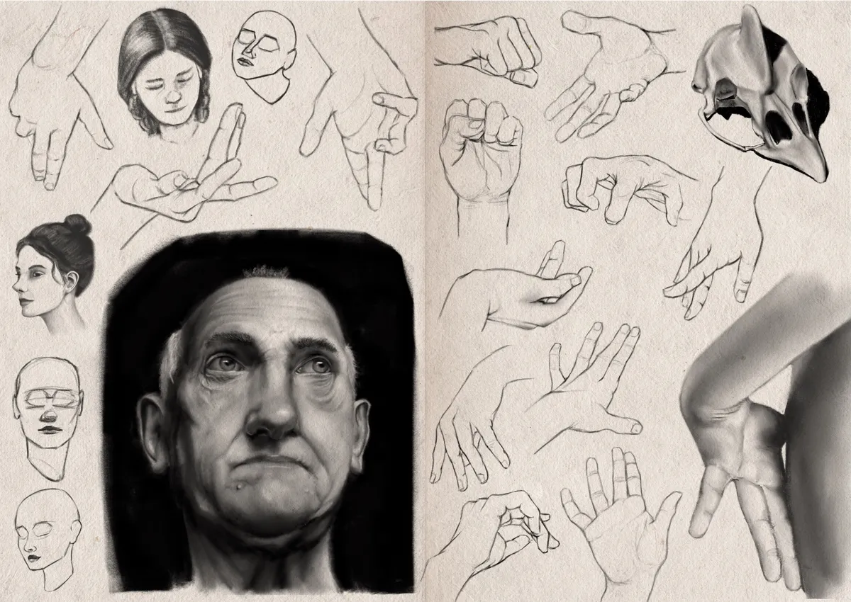 Two-page sketchbook spread from 2025