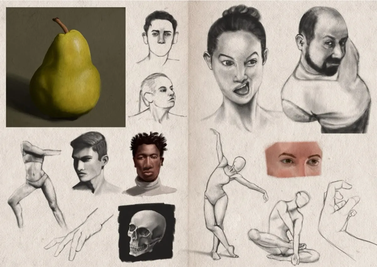 Two-page sketchbook spread filled with various studies and sketches. The pages overall feature art exercises exploring form, expression, and anatomy, with both realistic painting and sketch-like line-work. There is a realistic painting of a green pear with a brown stem, against a neutral background. There are numerous graphite sketches focusing on figures, faces, and anatomy. A large sketch shows a woman with her hair in a bun making a funny face. A bearded man twisting his torso, coyly glancing over his shoulder. Two incomplete facial studies, showing differences in perspective and features. Cropped and unfinished drawings focus on the structure of heads, hands, and expressive poses of the body. A colour portrait of a man with dark skin and textured hair, next to a monochrome drawing of a skull. Two full-body sketches of women pose dynamically, while a separate hand studies gesture & anatomy. A colour study of a pair of eyes, rendered more realistically than the surrounding sketches.