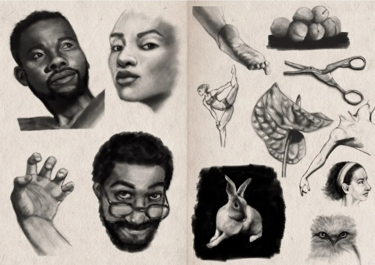 Two-page sketchbook spread with a collection of studies. Overall the pages are a collection of practice drawings exploring anatomy, animals, everyday objects, and expressions. A portrait of a man looking upward, a portrait of a woman with direct gaze, a hand posed with fingers bent, and a smiling man with glasses seen from a low angle. A drawing of a foot, a cluster of peaches, a pair of embroidery scissors, a dancer balancing on one leg, an anthurium flower, a partially drawn figure with one arm extended, a bunny surrounded by a dark shaded background, a woman’s portrait in profile with a headband, and a tawny frogmouth’s face.