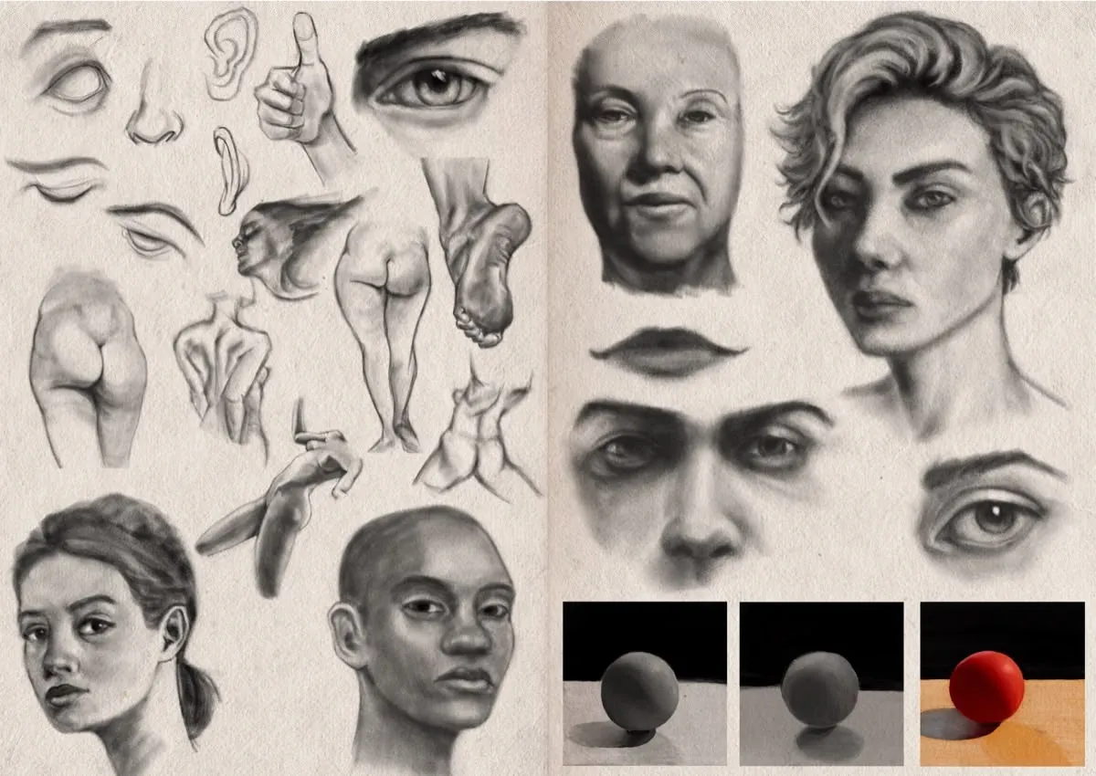 Two-page sketchbook spread filled with digital graphite and charcoal sketches. The left side contains anatomy studies and figure sketches: an eye, noses, ears, mouths, hands, several female torsos and backsides, a foot, and small studies of heads and faces—one of a woman with a ponytail and another of a bald woman. On the right side are two more head and face studies, one of an older face, and a large portrait of a woman with wavy hair. There are also close-ups of a mouth, eyes, and nose, focusing on individual features. On the bottom right is a sequence of three shaded spheres: the first two in greyscale, the last a red sphere with dramatic lighting on a pale surface.
