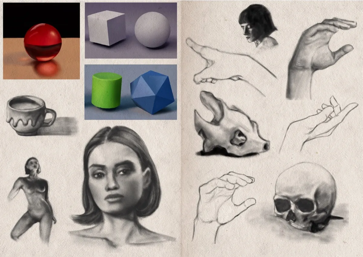 Two-page sketchbook spread filled with various studies including small colour studies of basic shapes, and greyscale sketches of a cup, a standing nude female figure, a portrait of a woman with straight dark hair, multiple hand studies in different positions, a face, an animal skull, and a human skull.