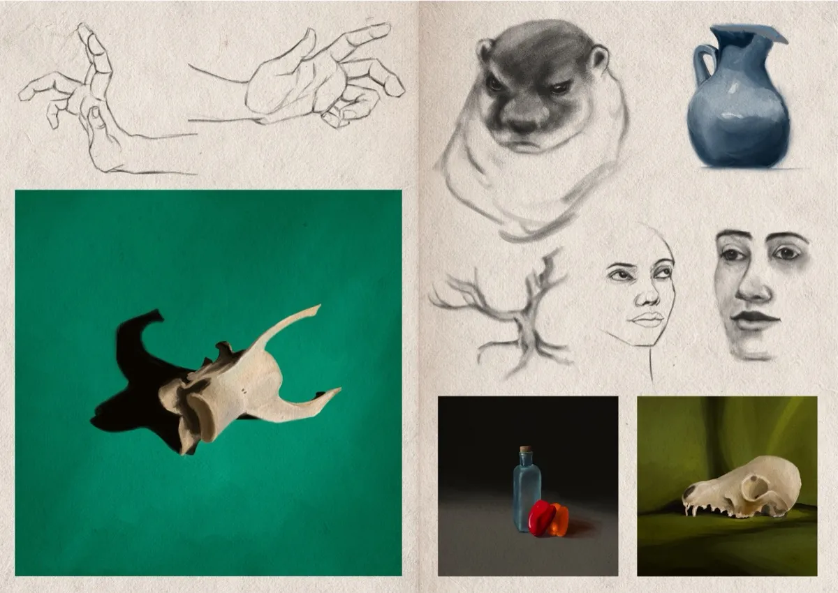 Two-page sketchbook spread featuring two digital graphite sketches of hands, an otter's head, a bare tree branch, and two unfinished faces—one outlined and one shaded. There are also some digital colour studies of a blue ceramic jug, a piece of bone casting a dramatic shadow on a teal background, a still-life of a blue bottle with an orange and a red bell pepper against a dark background, and an animal skull resting on draped green fabric.