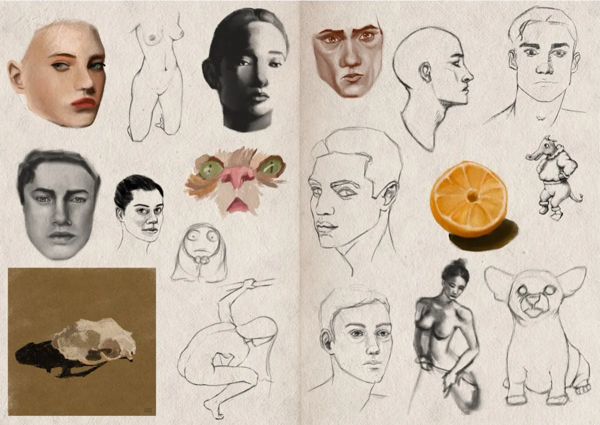 Two-page sketchbook spread showing numerous digital drawings and paintings including both realistic and stylised human faces; figure studies, cartoony animal characters, a partially painted cat’s nose and eyes; a sliced orange with a shadow; a small animal skull against a brown background. The drawings vary in completeness, from rough line drawings to more finished pieces.