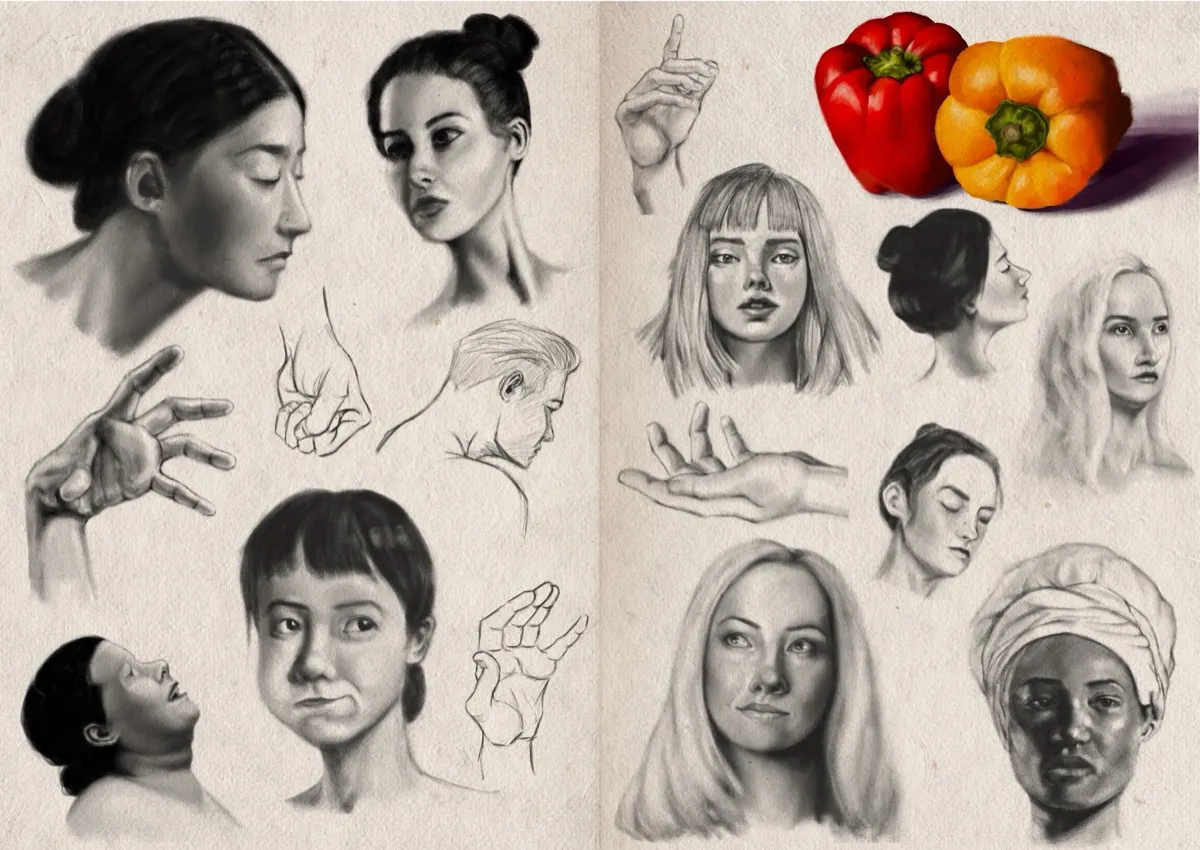 Two-page sketchbook spread filled with digital charcoal and graphite studies. Mostly portrait studies, there are also five different hands, and a digital colour study of two paprikas (bell peppers)—one red and one orangey-yellow.