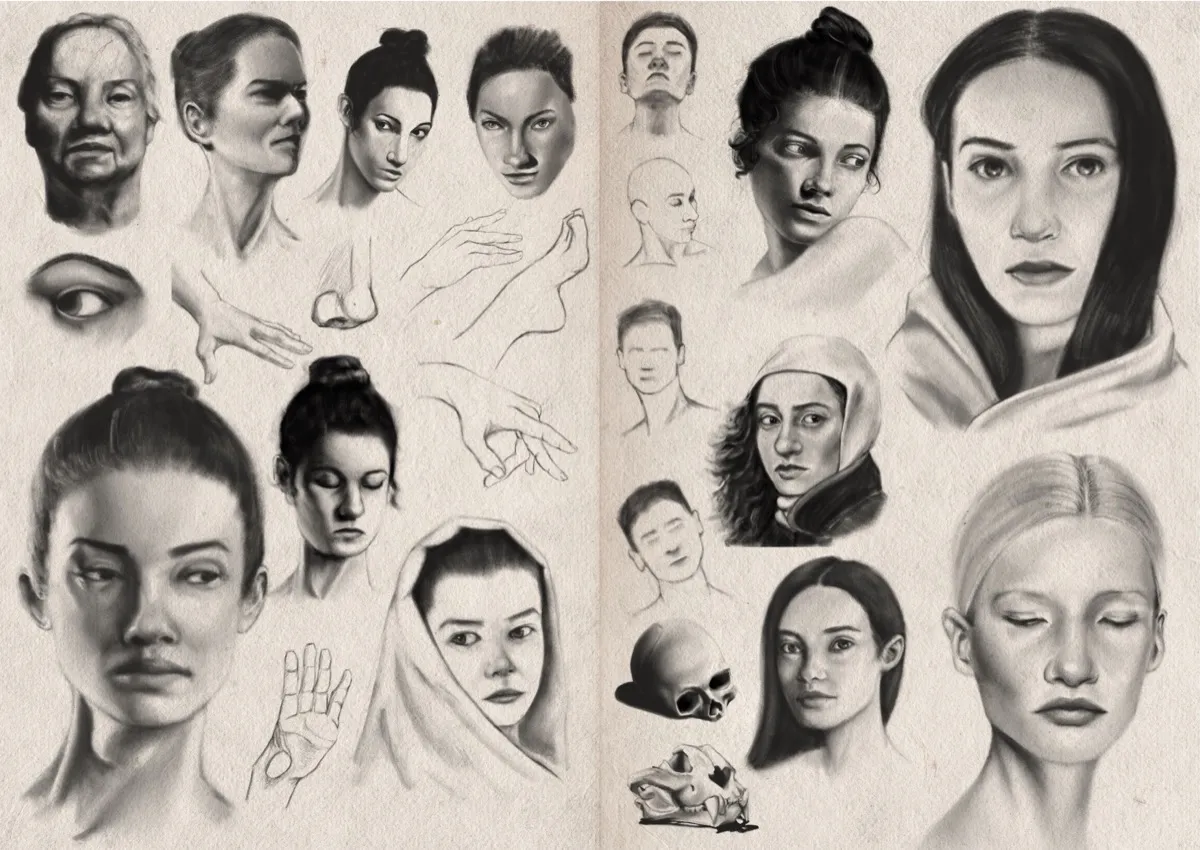 Two-page sketchbook spread filled with studies of faces, facial features, hands, a human skull and an animal skull. Most drawings are of lighter-skinned adult women, shown in different angles and expressions. Several have dark hair pulled into a bun; one large portrait shows a woman with straight dark hair parted in the middle, a neutral expression, and a draped cloth around her shoulders. Another large portrait at the bottom right shows a light-haired woman with eyes closed and softly shaded lips.