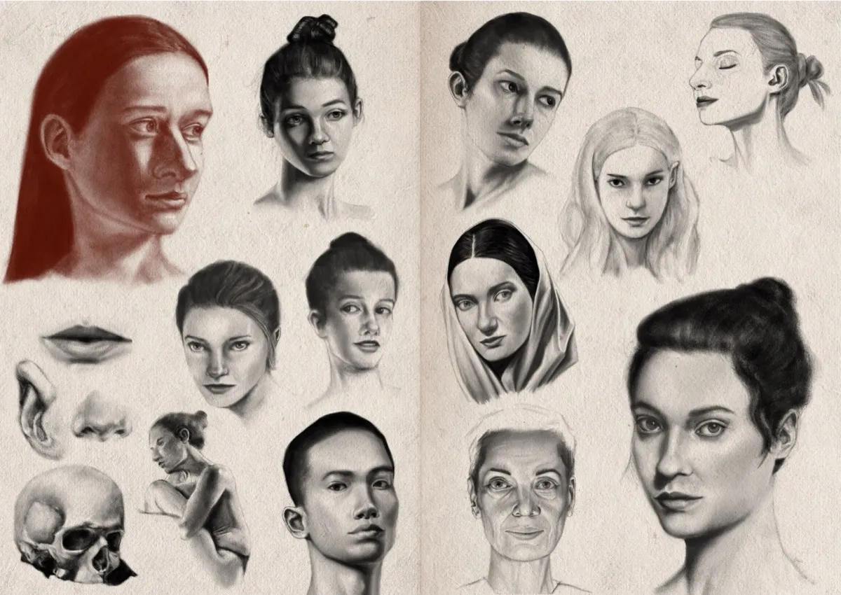 Two-page sketchbook spread filled with digital graphite and charcoal studies of heads, some facial features, a human skull and a small figure drawing. All sketches are in greyscale, apart from a single portrait of a woman which is rendered in a reddish tone.