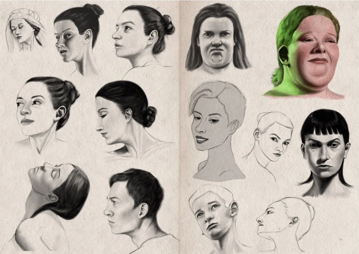 A two-page sketchbook spread filled with portrait studies of heads and faces, mostly in digital graphite, with one digital colour head in the upper right.