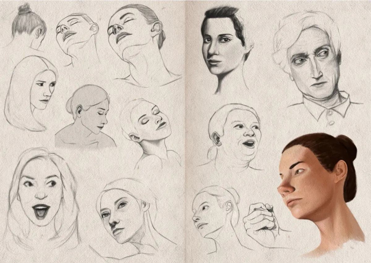 A two-page sketchbook spread filled with portrait studies of heads and faces, mostly in graphite, but with one larger digital colour study in the lower right.