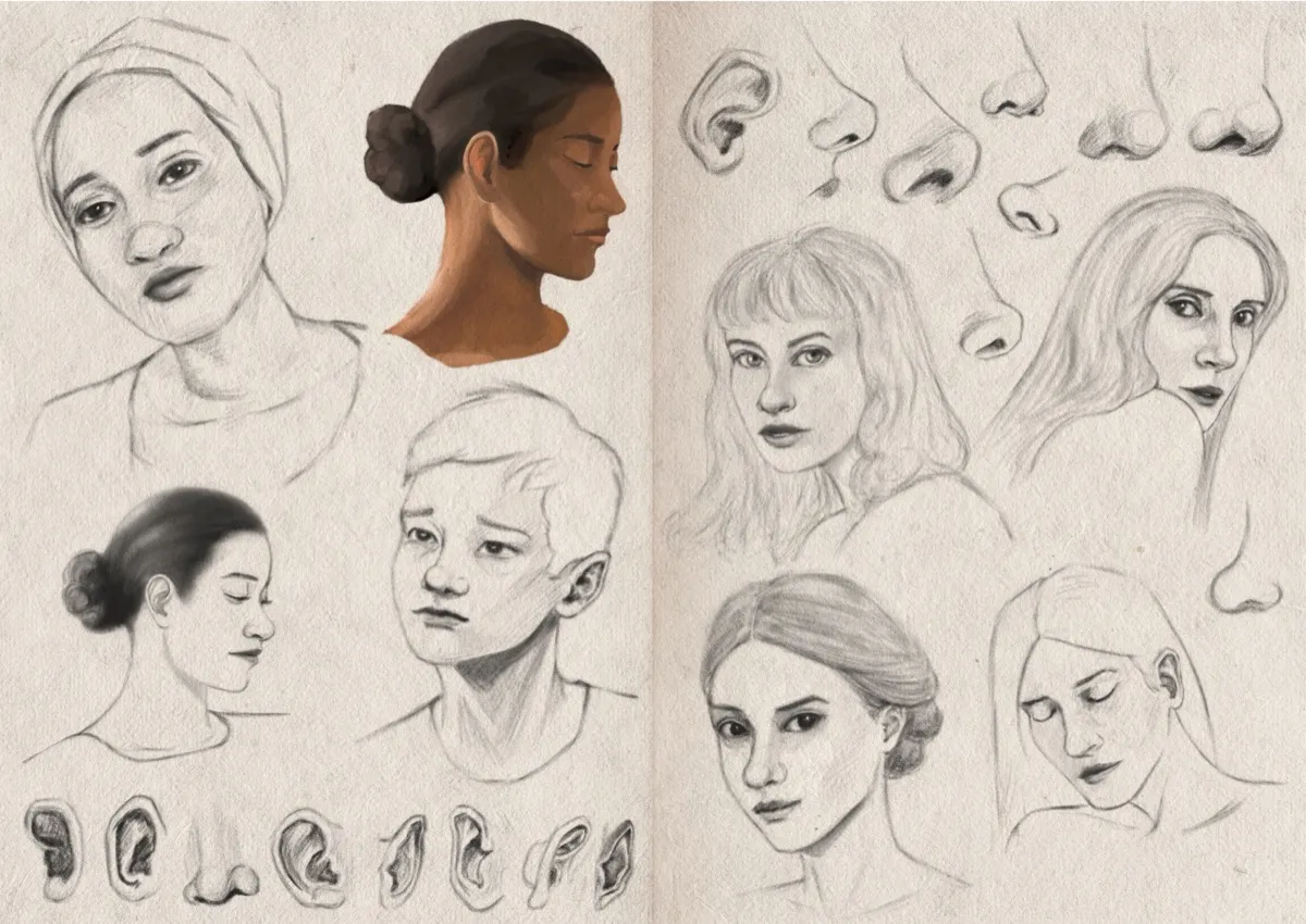A two-page sketchbook spread filled with digital graphite portrait studies and facial feature drawings, and one head study in digital colour.