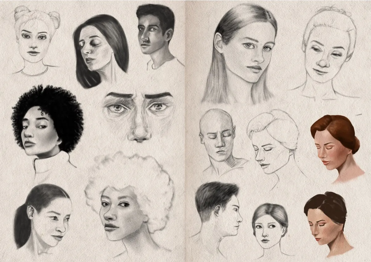 Sketchbook 26-08 Two-page sketchbook spread filled with portrait studies of many different faces in digital graphite. Two heads are rendered in colon. Most portraits show only the head and part of the neck or shoulders, from various angles, with a mix of male and female faces and a wide range of hairstyles, including straight hair, tight curls, and shaved heads. Overall, the image shows practice studies of human heads with different perspectives, lighting, and levels of finish, ranging from simple outlines to detailed, realistic shading and colour.
