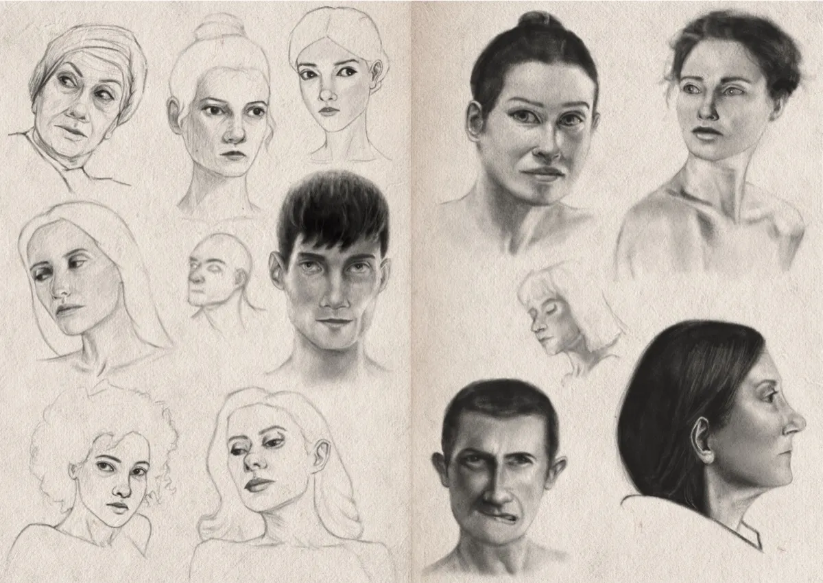 Sketchbook 26-09 Two-page sketchbook spread filled with digital graphite portraits and head studies, all drawings are in greyscale, ranging from soft outlines to fully shaded, realistic faces.