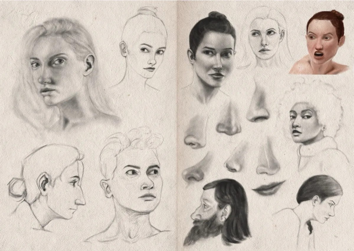 Sketchbook 26-10 Two-page sketchbook spread filled with portrait and facial feature studies. All apart from a single colour study are rendered in digital graphite. The overall style combines softer, realistic shading with cleaner line drawings, showing my practising different heads, expressions, and especially noses from multiple viewpoints.