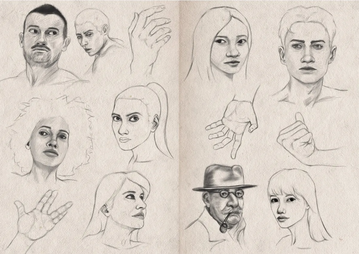 Two-page sketchbook spread filled with portrait studies of many different faces in digital graphite. There are also four different hand sketches.