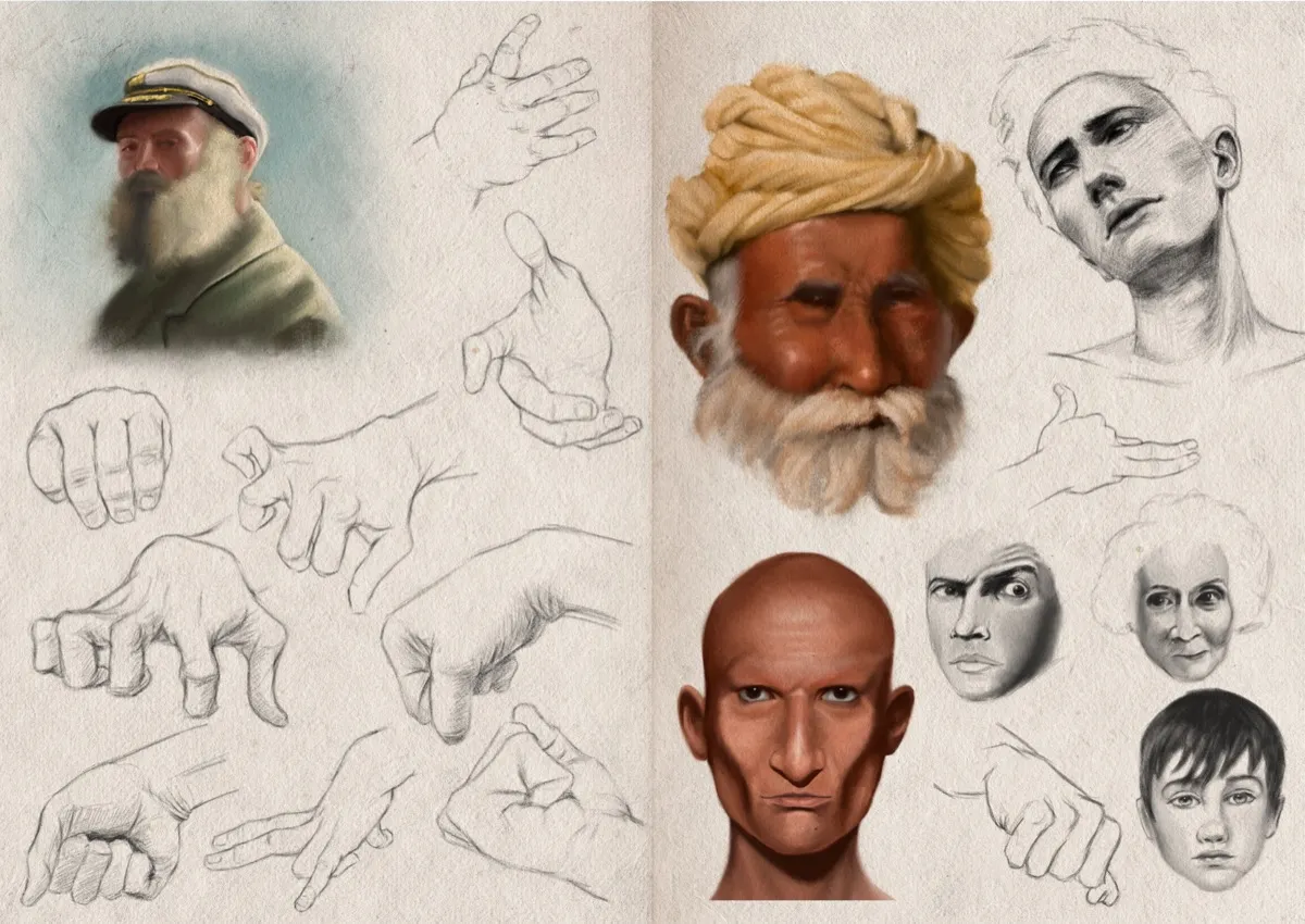 Two-page sketchbook spread filled with three colour and four digital graphite portrait studies. There are also 11 different hand sketches.