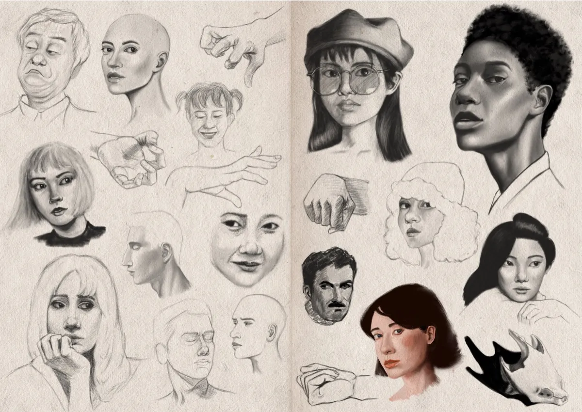 Two-page sketchbook spread filled with two painted portrait studies, and 13 digital graphite portrait studies. There are also five different hand sketches, and a horned animal skull sketch.