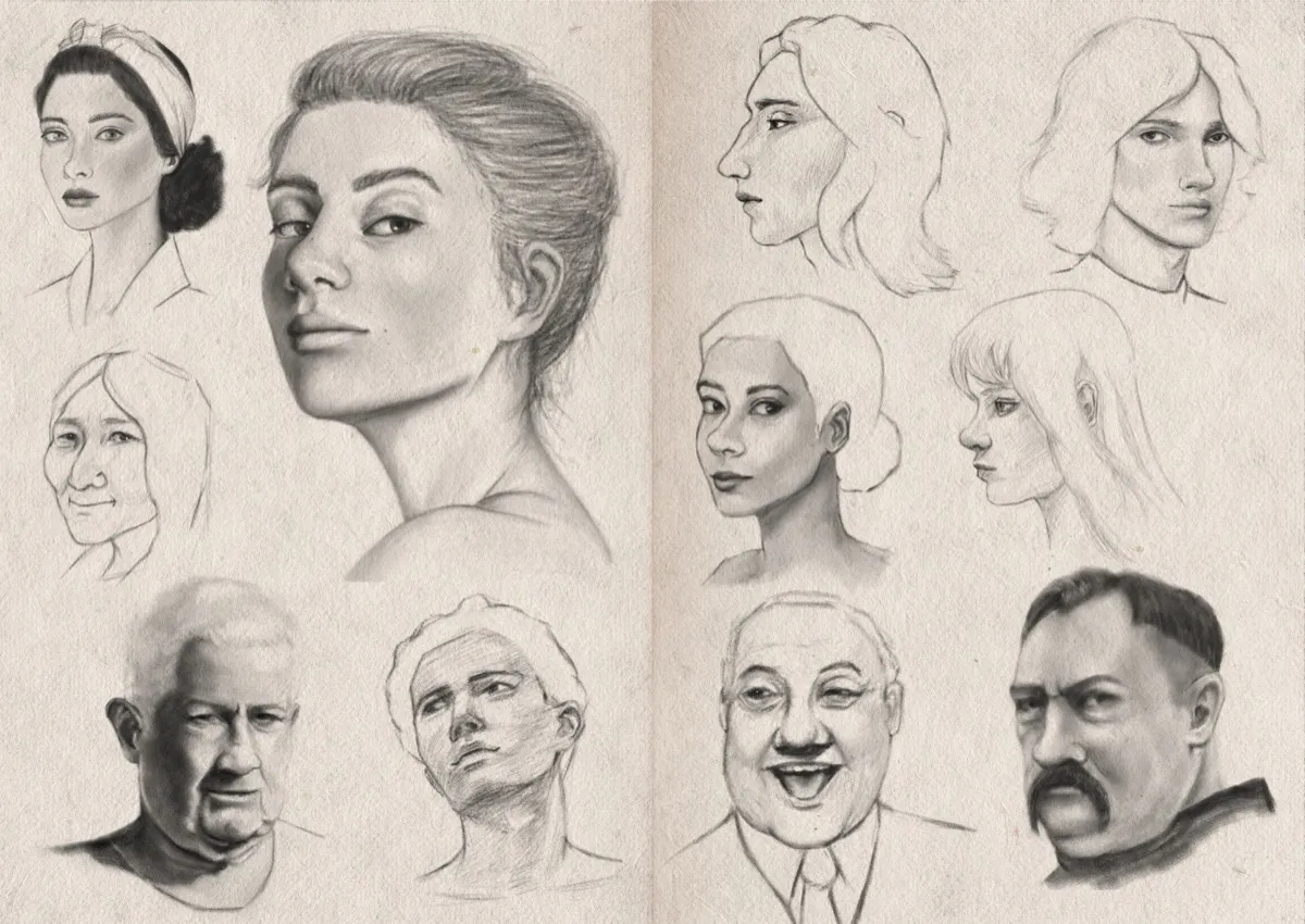Two-page sketchbook spread filled with digital graphite portraits on textured off-white paper. There are eleven sketches, and they vary between both age and gender. Some are shaded, others are more simple.