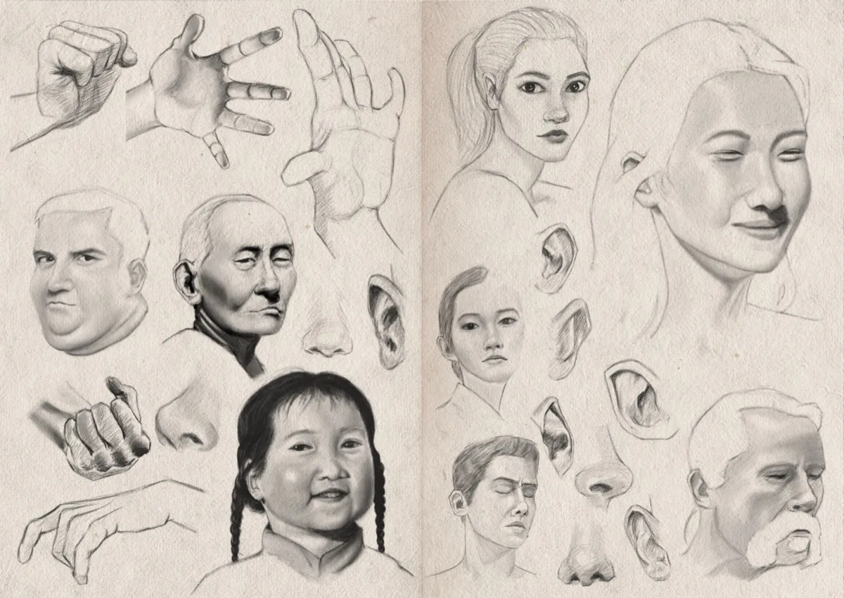 Two-page sketchbook spread filled with digital graphite sketches on textured off-white paper. There are eight sketches of people, varying in both age and gender. Some are shaded, others are more simple. There are five hand studies and numerous studies of both ears and noses.